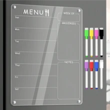 一套亚克力磁性冰箱贴日历，含记号笔和透明白板，可用于每周膳食计划、购物清单和家居收纳整理，厨房收纳