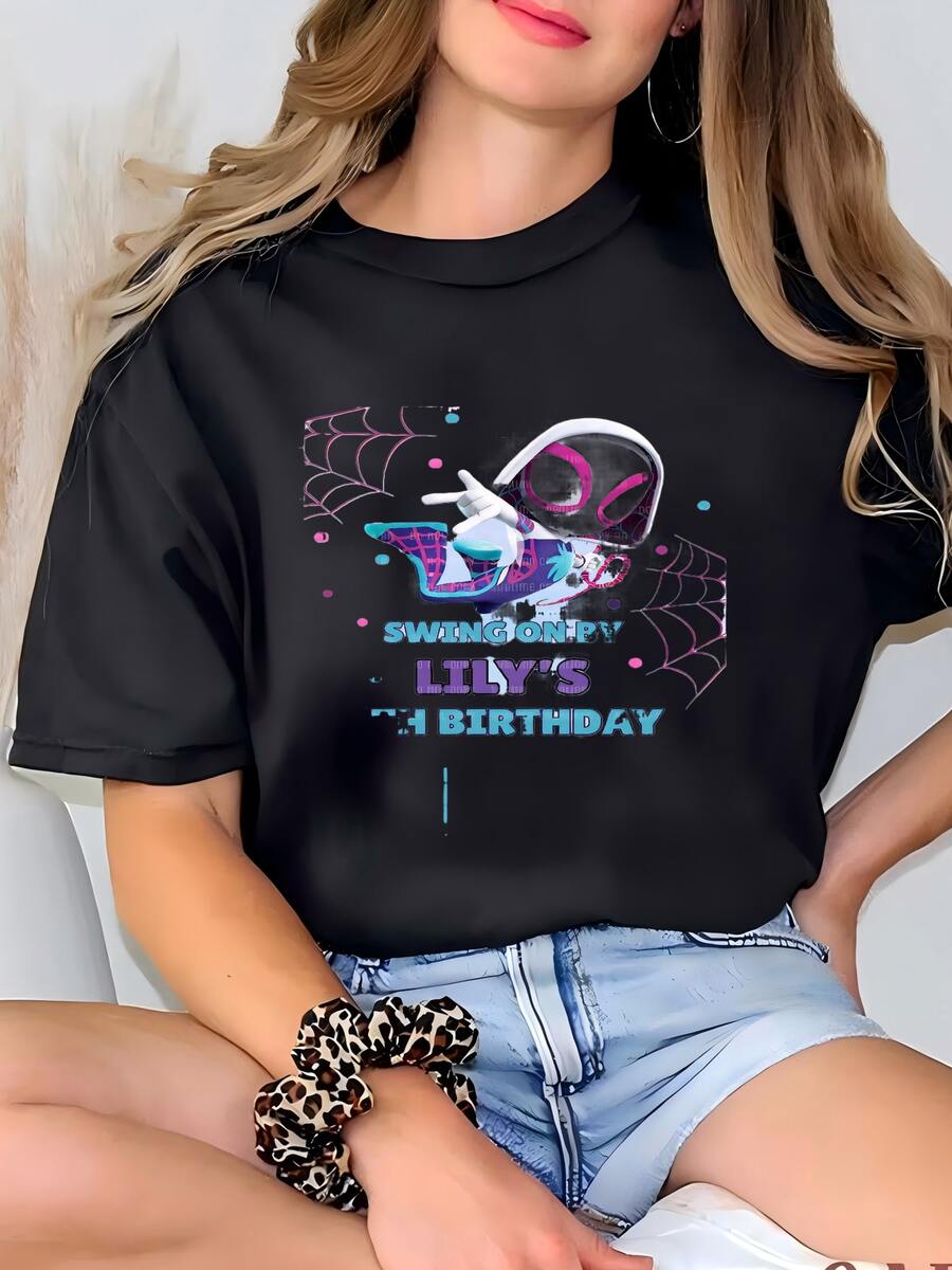 Womens Editable Ghost Spider Birthday Invitation, Spidey Birthday Invite, Spidey Birthday Card, Ghost Spider Invite, Gwen Birthday Party Invite T-Shirt - 黑色 - 查看 1