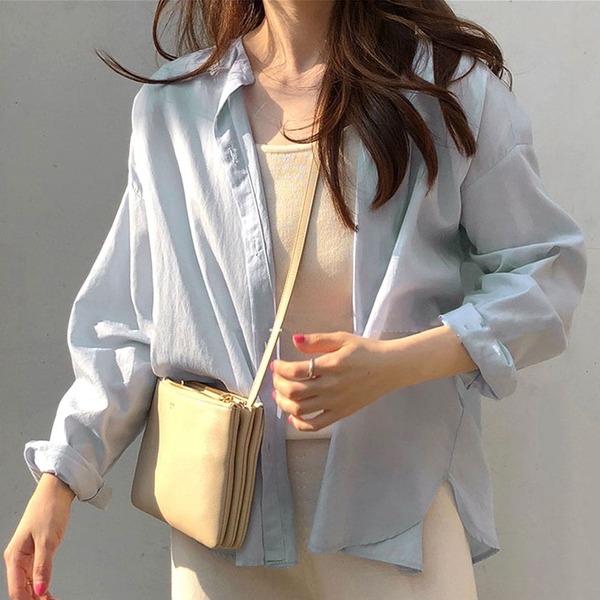 Women's Collarless Blouse, Suitable For Teenagers, 20s, 30s, Office & Casual Wear, Korean Style, Suitable For Spring, Autumn, Summer, Simple Design, Solid Color, Long Sleeve, Adult Size