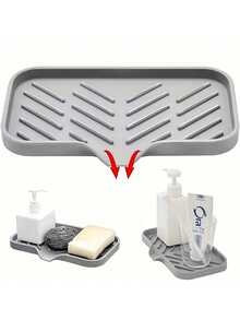 1pc Large/Small Silicone Drain Mat Sink Organizer Dish Sponge Drying Tray With Soap Dispenser Slot Waterproof Non-Slip Heat Resistant Easy Clean Quick Dry Kitchen Bathroom Countertop Protector For Soap Hand Lotion Cosmetics Sponge Holder Home Gadgets Accessories Essentials Thanksgiving Christmas New Year Holiday Birthday Gifts - 灰色 - 查看 4