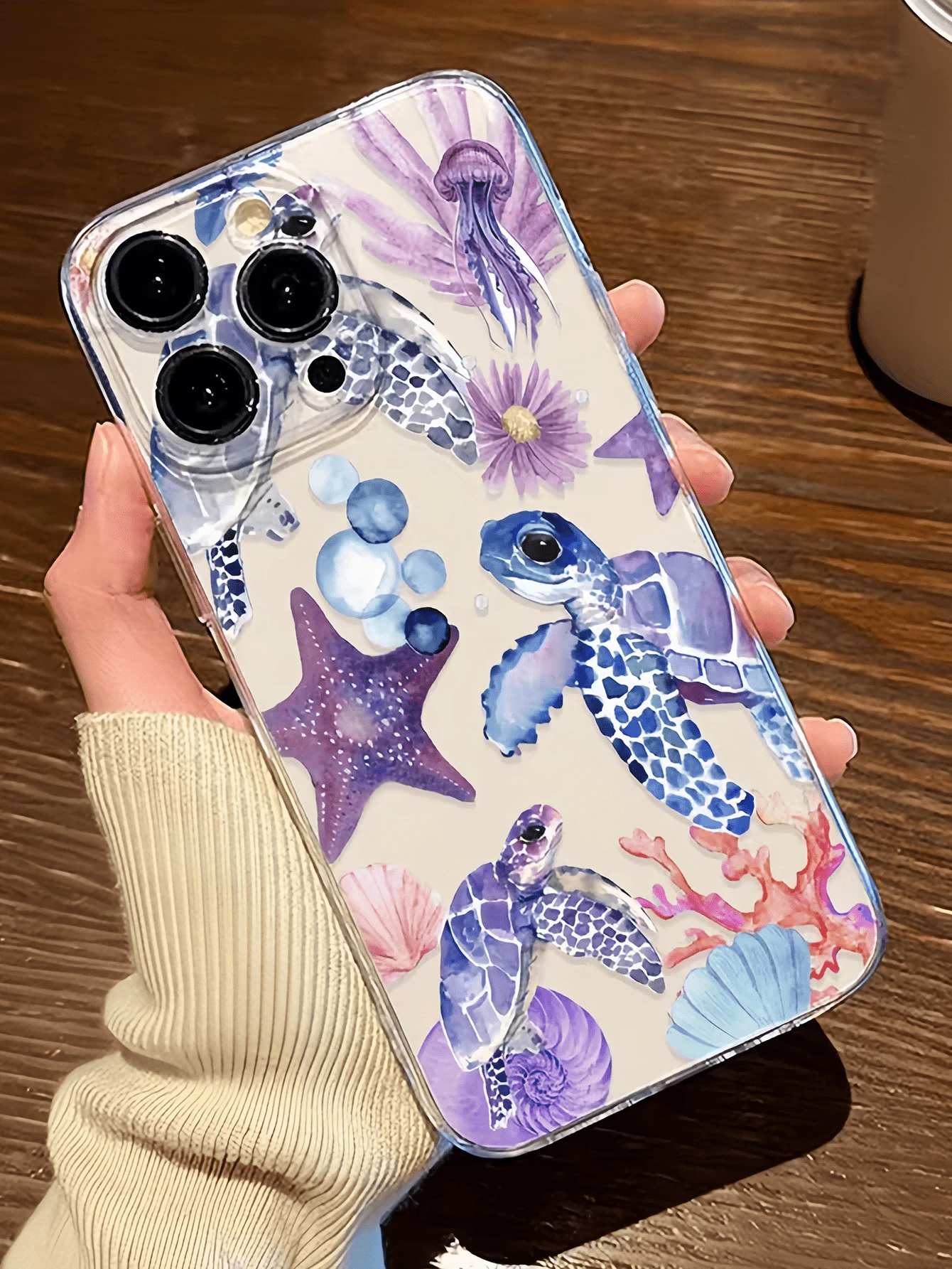 1个透明水下紫色海龟极简全包覆TPU防震手机壳,兼容苹果17、16、15、14、13、12、11 Pro Max、Air及系列,国际版,非国内版 - 彩色 - 查看 1