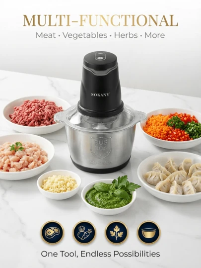  SOKANY-7020 Electric Meat Grinder With Drainage And Vegetable Shredding Functions, 2L Large Capacity, Dual-Layer Four-Blade Design