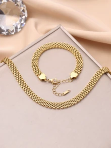 1 Set Stainless Steel Minimalist Grid Chain Necklace And Bracelet Set, Suitable For Women's Daily Wear - Yellow Gold - View 8