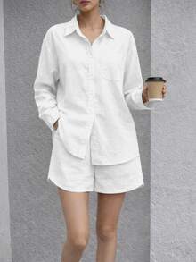 Kliou Fashion Women's Casual Linen Shirt And Shorts Set With Pockets For Everyday Wear - 白色 - 查看 2