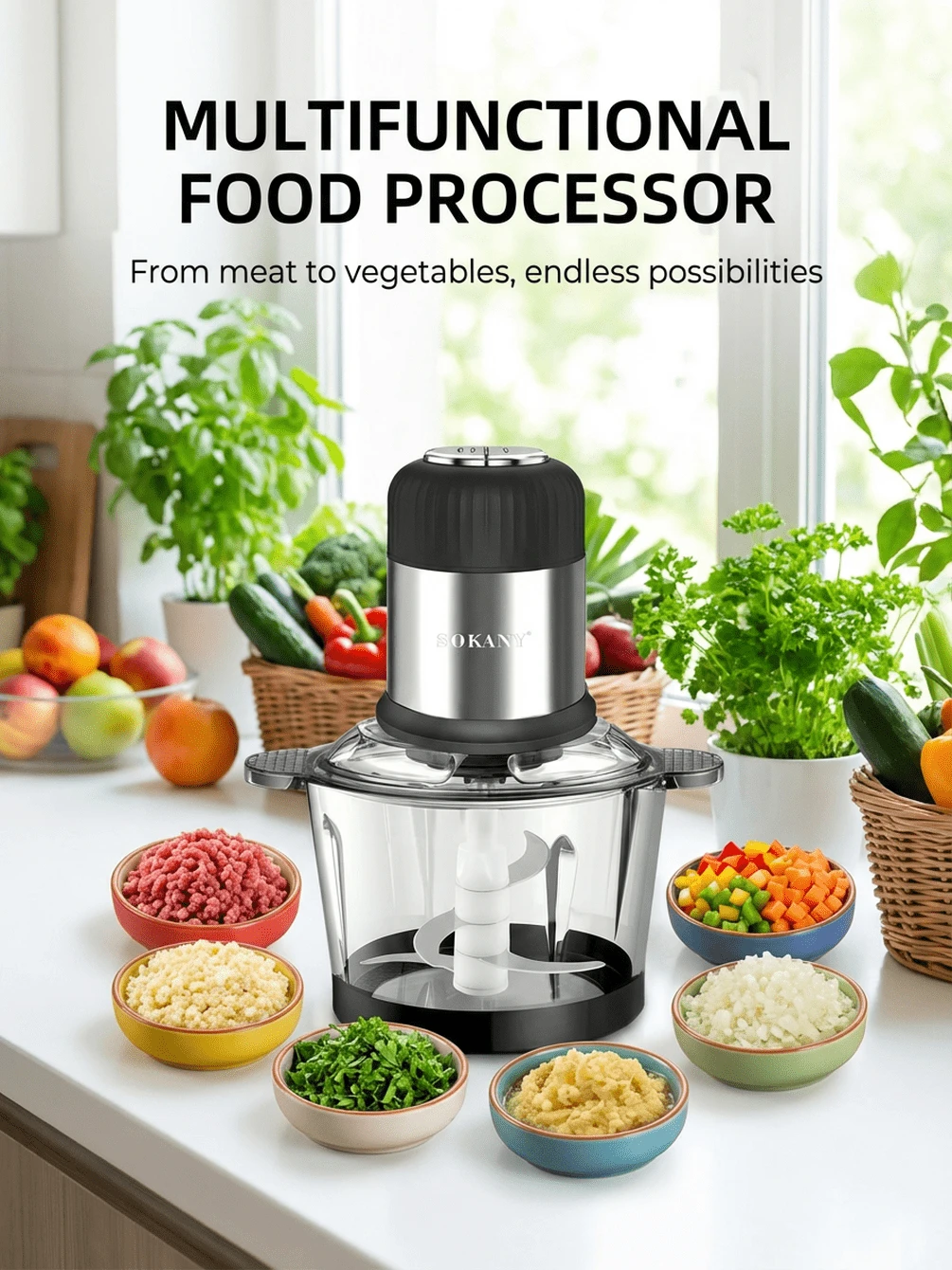 SOKANY-7025A Electric Meat Grinder, Vegetable Chopper And Mincer, 2L Large Capacity Meat Mincing Machine - Silver - View 1
