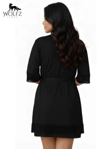 2-Piece Set: Women's Microfiber Lace Nightgown And Robe, Luxury And Sexy - Black - View 3