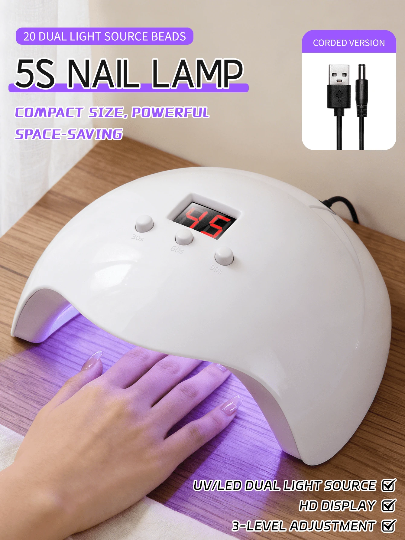 XEIJAYI 1个白色UV LED美甲灯，20颗LED灯珠，专业美甲凝胶烘干机，带3种定时设置