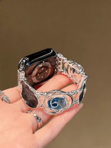 Kompatibel mit Apple Watch Ölgemälde Emaille Blumen Armband 38/40/41/42/44/45/46/49mm, für Ultra/SE 2/SE 1/Series 10/9/8/7/6/5/4/3/2/1 - Blau Silber - Übersicht 4