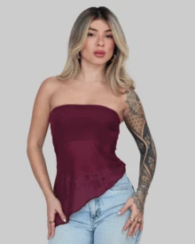 Women's Basic Translucent Tropical Floral Cropped Tube Top With Transparent Tulle, Strapless, Summer Style, Lining, Aitona - BOARD - View 1