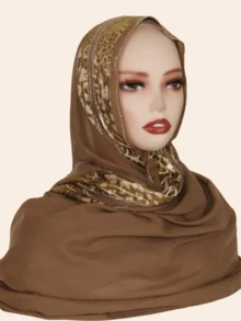 1件装女士雪纺时尚优雅穆斯林头巾，拼接印花设计，饰以水钻，中东风格长款围巾 - 豹紋拼接長巾 - 查看 17