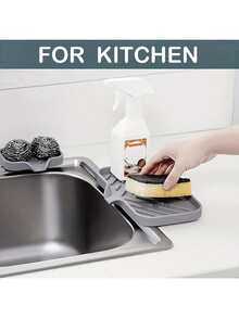 1pc Large/Small Silicone Drain Mat Sink Organizer Dish Sponge Drying Tray With Soap Dispenser Slot Waterproof Non-Slip Heat Resistant Easy Clean Quick Dry Kitchen Bathroom Countertop Protector For Soap Hand Lotion Cosmetics Sponge Holder Home Gadgets Accessories Essentials Thanksgiving Christmas New Year Holiday Birthday Gifts - 灰色 - 查看 2