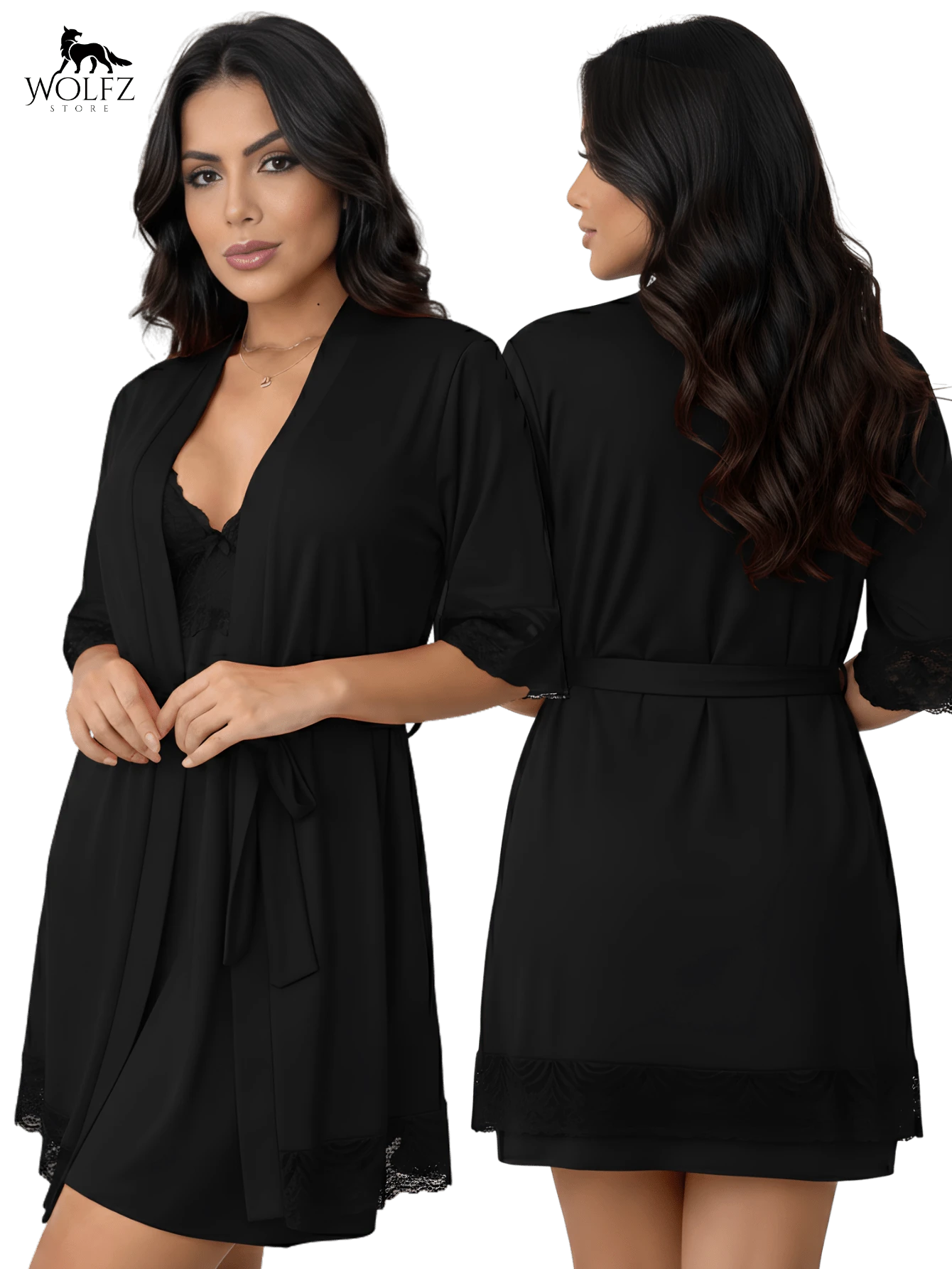 2-Piece Set: Women's Microfiber Lace Nightgown And Robe, Luxury And Sexy - Black - View 1