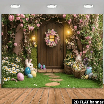 2D flache Oster Kulisse, Märchenhafte Holztür Thematik, Kranz, Ranken, Laternen, Hasen, Blumenkörbe, bunte Eier, Steinweg, Feiertags Dekoration, Heimdekoration, Party Dekoration, Feiertags Geschenk, Polyestermaterial, Keine Stromversorgung nötig, geeignet für Innen- und Außenfeiern, Wanddekoration