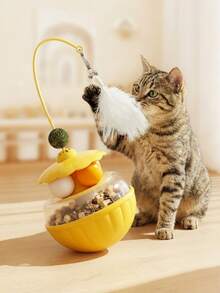 可调节慢食喂食器猫玩具 - 带旋转猫球和羽毛棒的互动式零食分配器，激发狩猎本能，缓解室内猫的无聊，为幼猫提供健康的运动和精神滋养。 - 彩色 - 查看 4