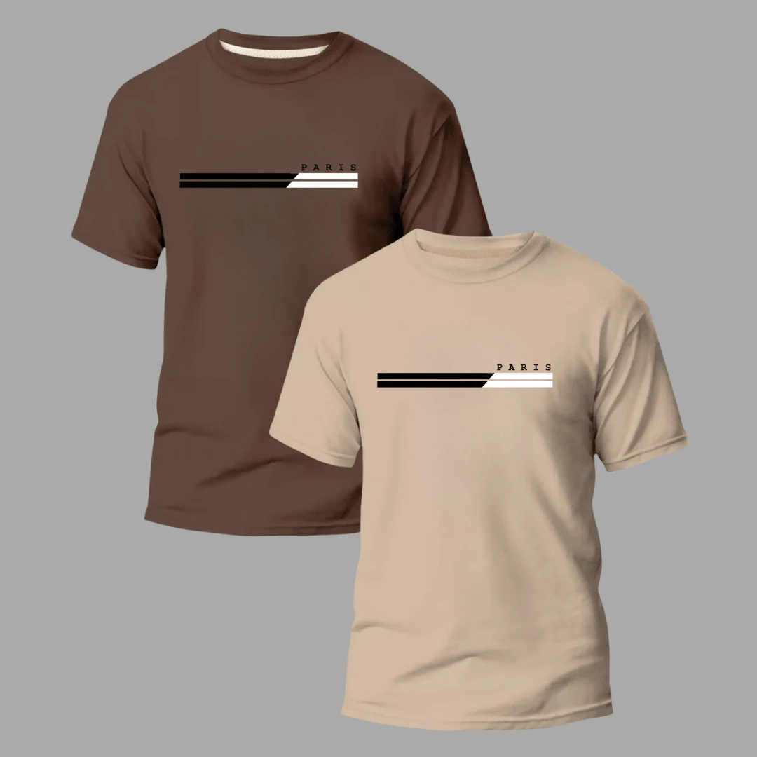 Kit Of 2 Men's Comfortable Slim Fit T-Shirts, 100% Cotton, Premium Streetwear, Paris DTF Premium - NÂU/BEIGE - Xem 1