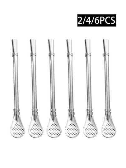 2/4/6pcs Stainless Steel Straws With Spoon, Suitable For Iced Drinks, Juices, Coffee, Desserts