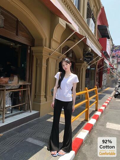 2026 Spring/Summer New V-Neck Short Sleeve T-Shirt, Versatile White Slim Fit Solid Color Undershirt For Women