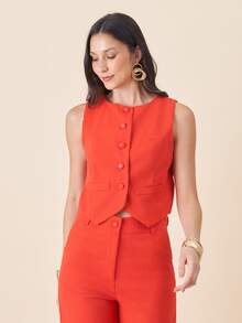 Linen Set Consisting Of A Turtleneck Vest And Trousers With Covered Button Details. - 紅色 - 查看 2