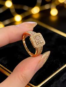 1枚925纯银镀白金复古方形水晶水钻戒指，奢华生日派对珠宝礼物（女士款）