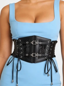 1件装女士优雅弹力系带腰带，深色PU皮革纤细腰封，适合聚会、演出和日常穿着的多功能配饰 - 黑色 - 查看 3