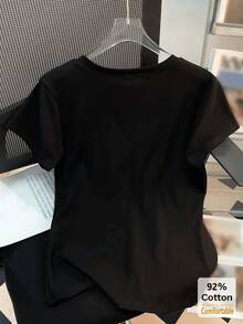 Spring/Summer New V-Neck Short Sleeve T-Shirt, Versatile Black Slim Fit Solid Color Undershirt For Women Casual - Black - View 10
