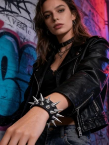 Yanxyad Bộ 1/4 vòng tay đính gai kiểu Punk Rock dành cho nam nữ, phong cách thập niên 80, Alt Gothic Grunge Emo, phụ kiện vòng tay retro đính hạt hình ngôi sao Y2K, vòng tay cài khuy bằng da PU. - màu đen - Xem 3