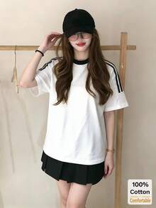 Áo thun ngắn tay dáng lửng thời trang dành cho nữ, mẫu mới Xuân/Hè 2026, kiểu dáng sọc tương phản. - trắng - Xem 4