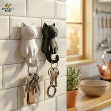 Decorative Cat Hook - Set Of 2 | Cute Key & Accessory Holder - 白色 + 棕色 - 查看 1