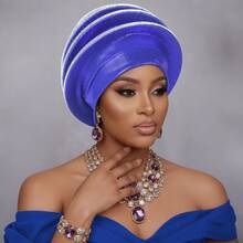 Nigerian Aso Oke Headwrap, Women's Rhinestone Wrapped African Gele Headband, Handmade Fashion Headpiece Suitable For Weddings, Parties And Other Occasions - Multicolor - View 15