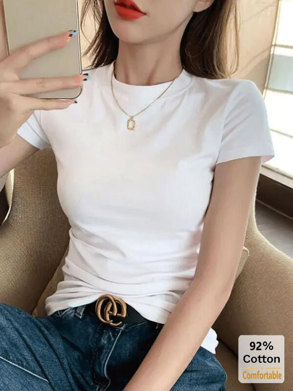 2026春夏新款白色短袖T恤，百搭纯色上衣，女士休闲修身打底衫