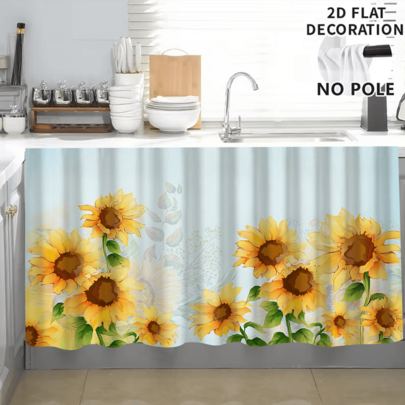 1pc Sunflower Themed Printed Tablecloth, Kitchen Small Curtain, Cabinet Curtain With Curtain Holes, Easy To Hang, 100% Polyester, Rectangular, Woven, Machine Washable, Kitchen Decor And Accessories, Suitable For Kitchen Cabinets And Home Decor
