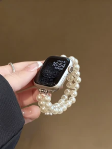 兼容 弹性蝴蝶结珍珠表带 38/40/41/42/44/45/46/49mm，适用于 Ultra/SE 2/SE 1/Series 10/9/8/7/6/5/4/3/2/1 - 白珍珠 - 查看 1