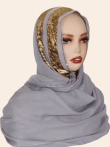 1件装女士雪纺时尚优雅穆斯林头巾，拼接印花设计，饰以水钻，中东风格长款围巾 - 豹紋拼接長巾 - 查看 6