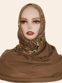 1件装女士雪纺时尚优雅穆斯林头巾，拼接印花设计，饰以水钻，中东风格长款围巾 - 豹紋拼接長巾 - 查看 2