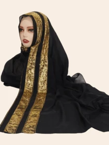 1件装女士雪纺时尚优雅穆斯林头巾，拼接印花设计，饰以水钻，中东风格长款围巾 - 豹紋拼接長巾 - 查看 10
