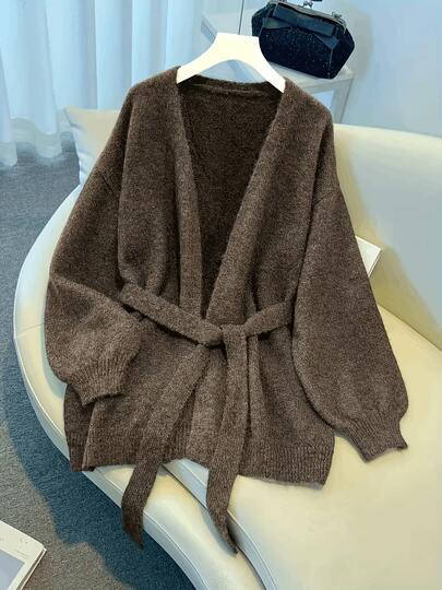 Cárdigan de punto elegante y casual para mujer, estilo suelto y relajado, chaqueta de punto minimalista y de moda para ir al trabajo, prenda exterior con cintura anudada, con un toque vintage y elegante, estilo callejero para mujer