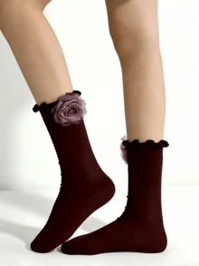 1 Pair Women's Angora Rose Gold Trimmed Warm & Soft Casual Daily Sweet College Style Mid-Calf Socks, Dual-Wear Design Can Be Worn Flat Or Folded, Suitable For Daily, Office, Party And Also Makes A Great Christmas Gift - Burgundy - View 6