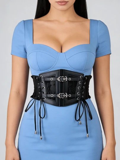 1件装女士优雅弹力系带腰带，深色PU皮革纤细腰封，适合聚会、演出和日常穿着的多功能配饰