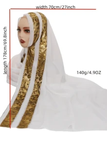 1件装女士雪纺时尚优雅穆斯林头巾，拼接印花设计，饰以水钻，中东风格长款围巾 - 豹紋拼接長巾 - 查看 11