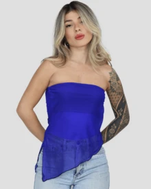 Women's Basic Translucent Tropical Floral Cropped Tube Top With Transparent Tulle, Strapless, Summer Style, Lining, Aitona - Royal - View 2
