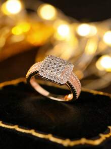 1枚925纯银镀白金复古方形水晶水钻戒指，奢华生日派对珠宝礼物（女士款）