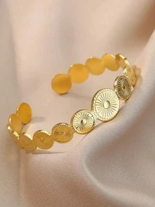 1Pc Vintage Sun Ray Round Splicing Bangle For Women Gold Color Stainless Steel Geometric Bangle Wedding Party Jewelry Gift - Yellow Gold - View 4