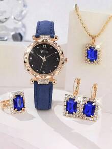 5件套时尚圆形奢华女士腕表套装，百搭优雅商务风格 - 玫瑰金 - 查看 2