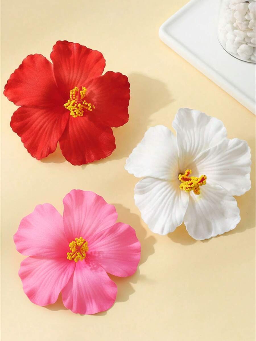 3个夏威夷风情芙蓉花发夹，大号多色热带人造花发饰，波西米亚风格，适合夏季海滩、派对、婚礼、情人节（红色、白色、粉色） - 彩色 - 查看 1