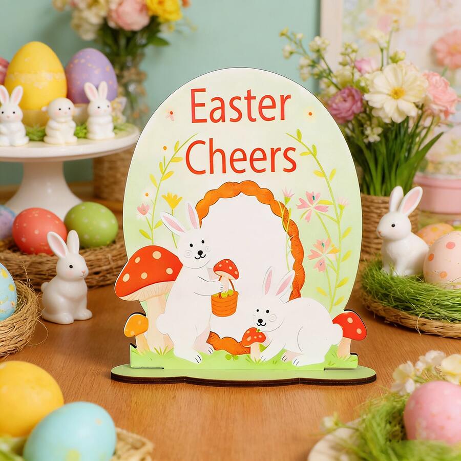 Letrero de mesa de Pascua, estampado de conejo de madera, adorno de escritorio, centro de mesa, suministros para fiestas en el hogar - verde - Ver 1