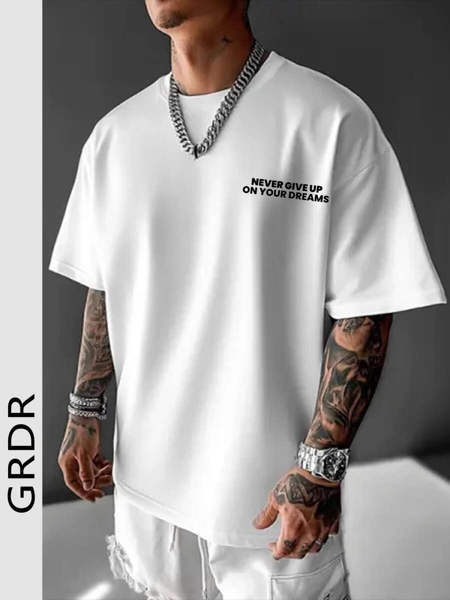 GRDR Men's Minimalist Motivational Slogan Print Short Sleeve T-Shirt, Comfortable & Breathable, For Summer - White - View 1