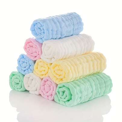 10pcs Baby Bibs, 6-Layer Solid Color Bubble Gauze Face Towels, Stretched Size 11.81 Inch X 11.81 Inch, Newborn Baby Gift