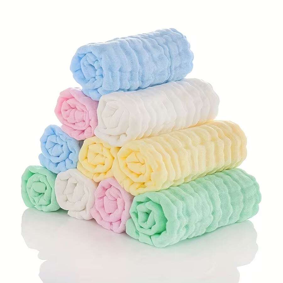 10 chiếc yếm ăn cho bé, 6 lớp vải gạc bong bóng màu trơn, kích thước khi kéo giãn 11,81 inch x 11,81 inch, quà tặng cho bé sơ sinh. - Nhiều màu - Xem 1