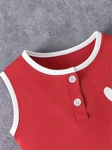 Young Girl Summer Casual Heart Print Trim Camisole Dress - Red - View 4