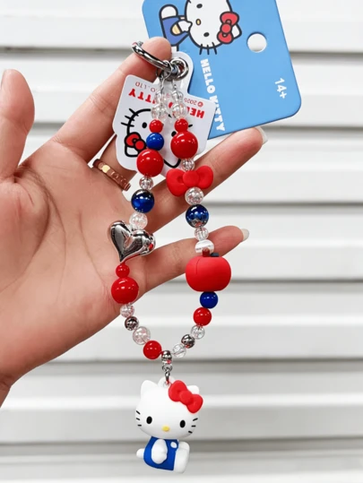 Beaded Chain Bag Pendant & Keychain, Colorful Heart Apple Bead Accents, Silver Heart Charm, Blue Dress & Red Bow Design, Durable Metal Keyring, Compact 16CM Height, Smooth Comfortable Touch, Vivid Kawaii Patterns, Bag & Key Accessory, Desk Deday, Collectible